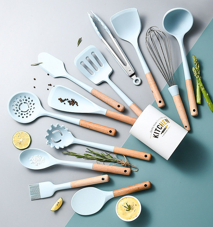 Rustless Non Toxic Wooden Cooking Utensils , Odorless Silicone Wood Utensil Set